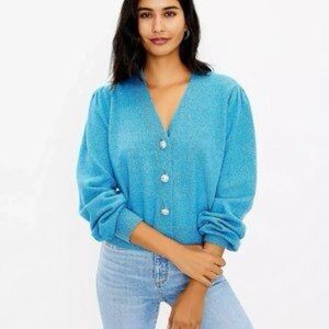 Loft - Blue Jewel Rhinestone Button Up Long Sleeve Cardigan Size Medium